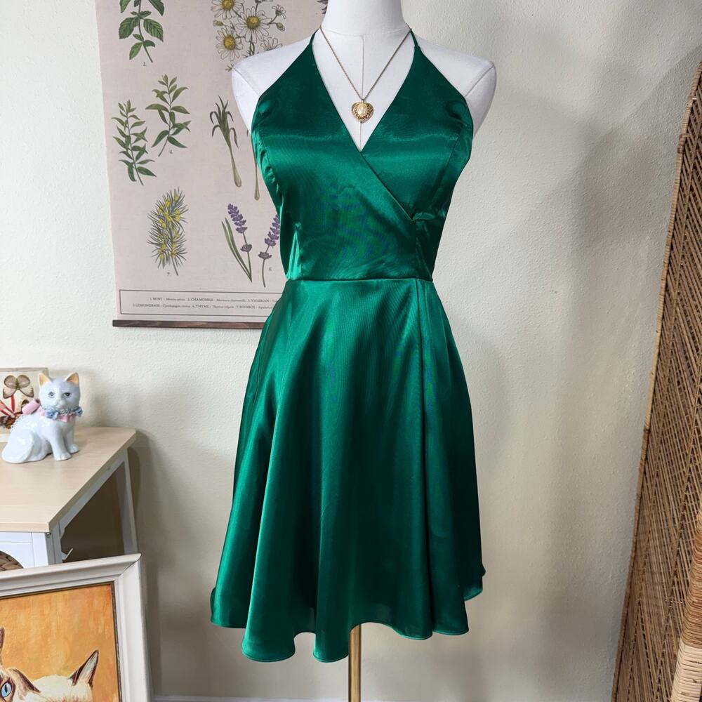 90s Y2k Satin Halter Mini Formal Dress Fairy Forest Garden Party Whimsy Sexy XS